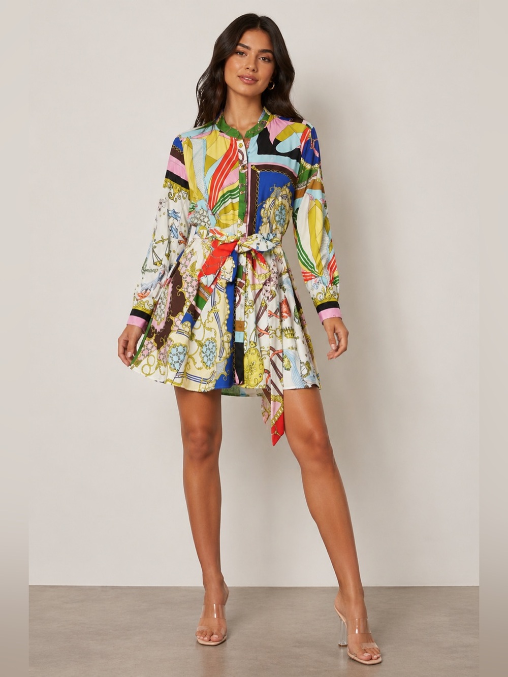 Zara Multicolor Scarf-Print Tie-Waist Mini Dress - Yellow, Blue, Red, Green
